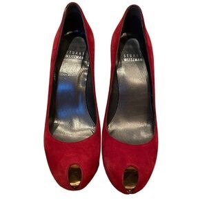 Stuart Weitzman red peep toe suede pumps